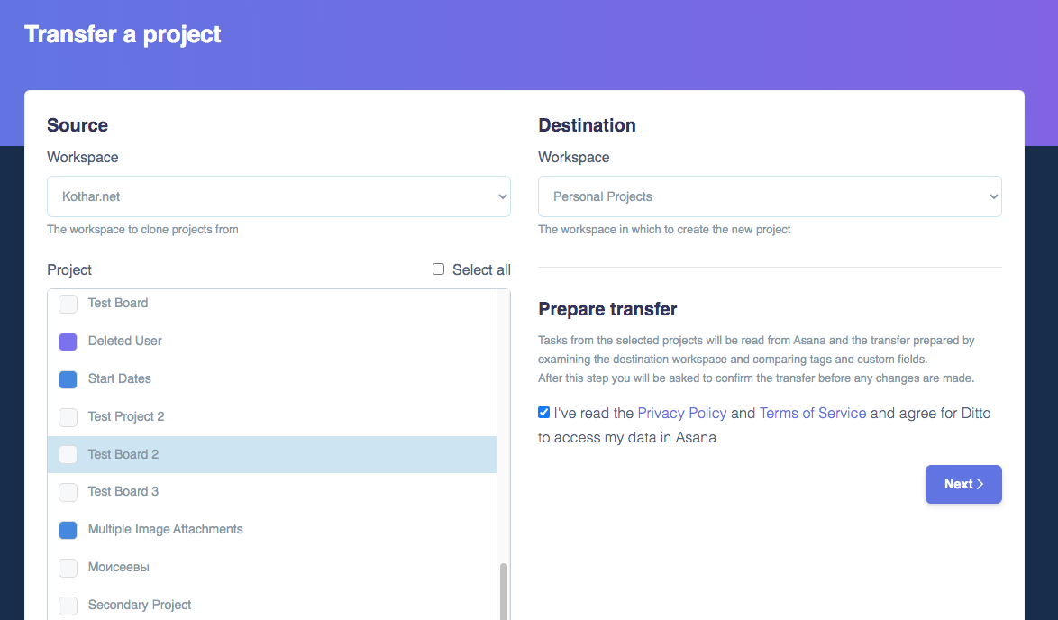 Ditto — transfer Asana projects