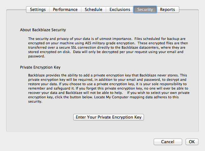 Backblaze encryption settings dialog